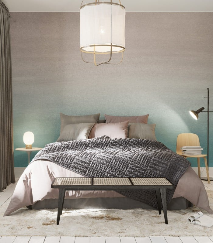 Tapeta Turquoise Fogg jako tło za łóżkiem w sypialni