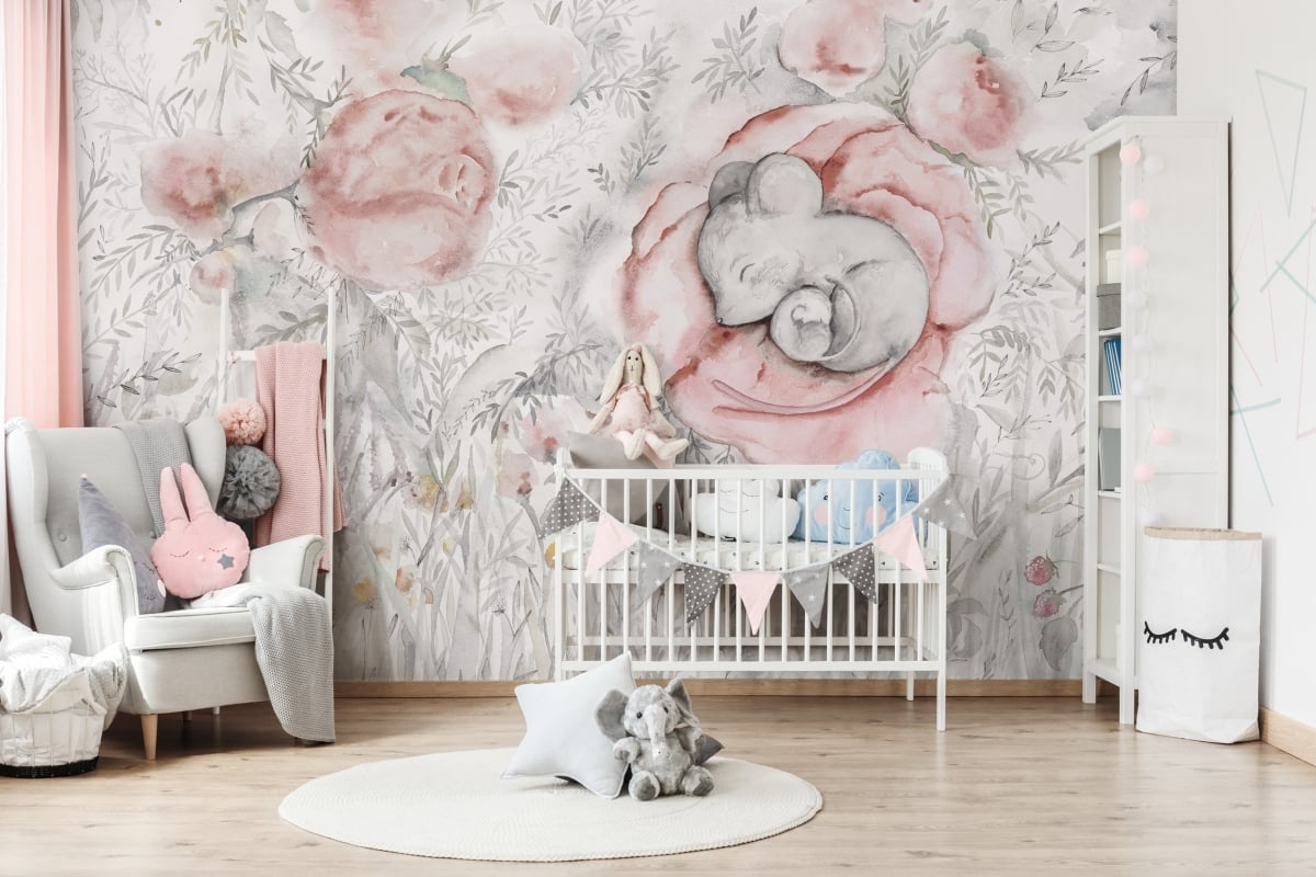 Little Nap Light - tapeta na wymiar WallArt do pokoju dziecięcego z akwarelową myszką i kwiatami