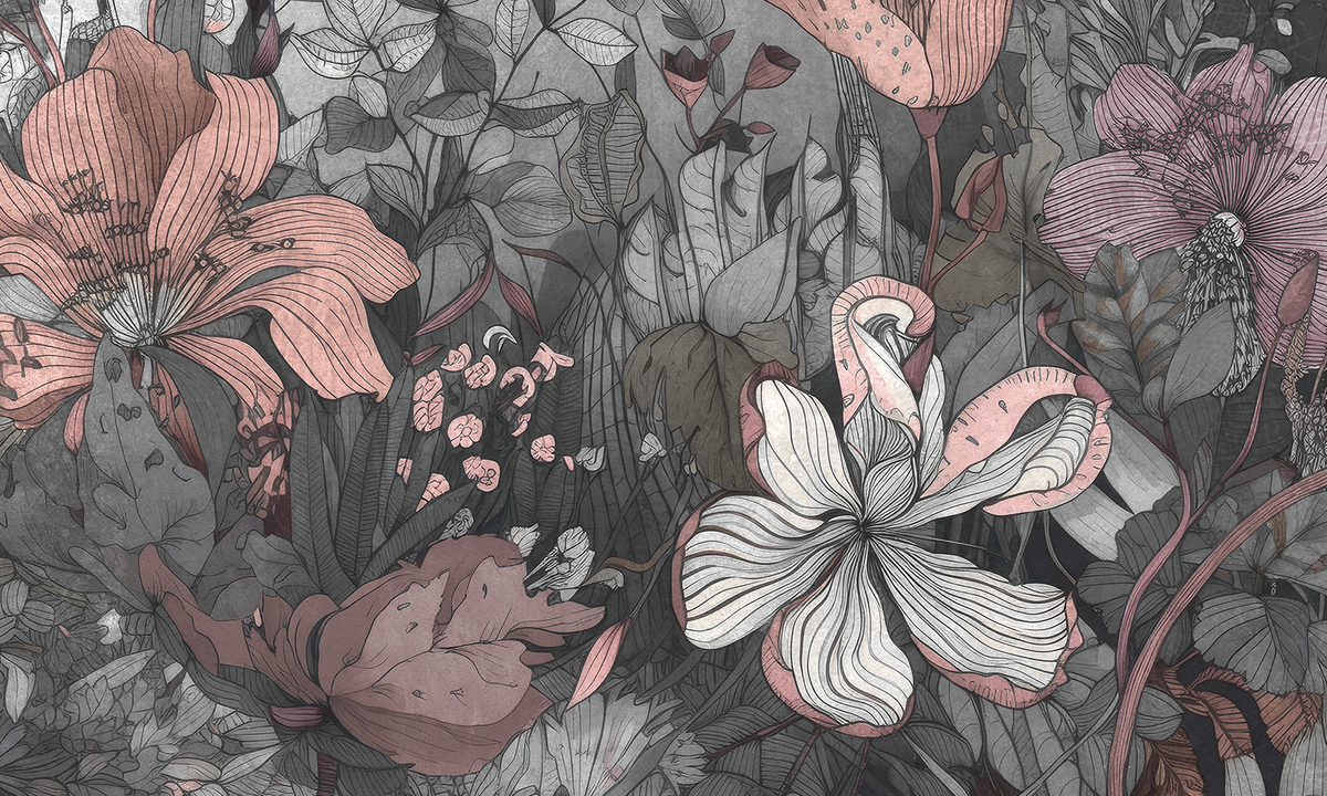 Tapeta na wymiar RAUV w szkice kwiatów różowo-szara zbliżenie wzoru na podkładzie Canvas