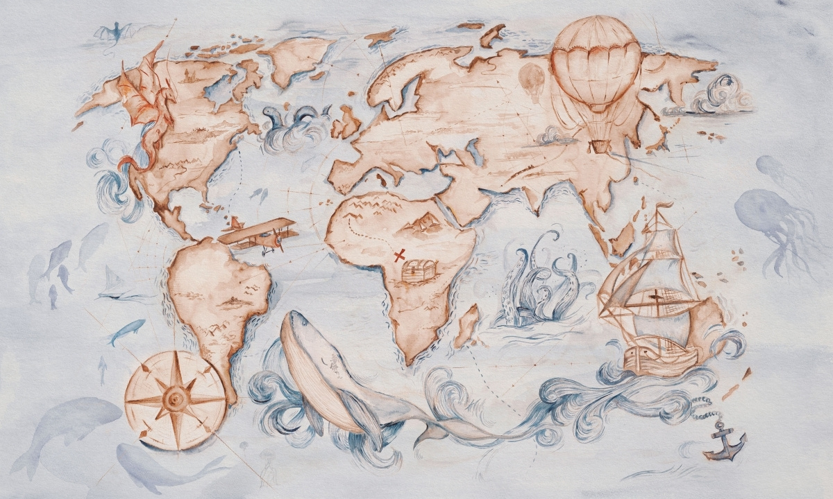 Tapeta na wymiar WallArt do pokoju dziecięcego – artystyczna mapa świata Whale Tale