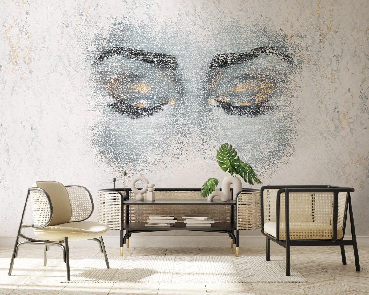 tapeta na wymiar WallArt do salonu – artystyczny motyw oczu w odcieniach szarości i złota