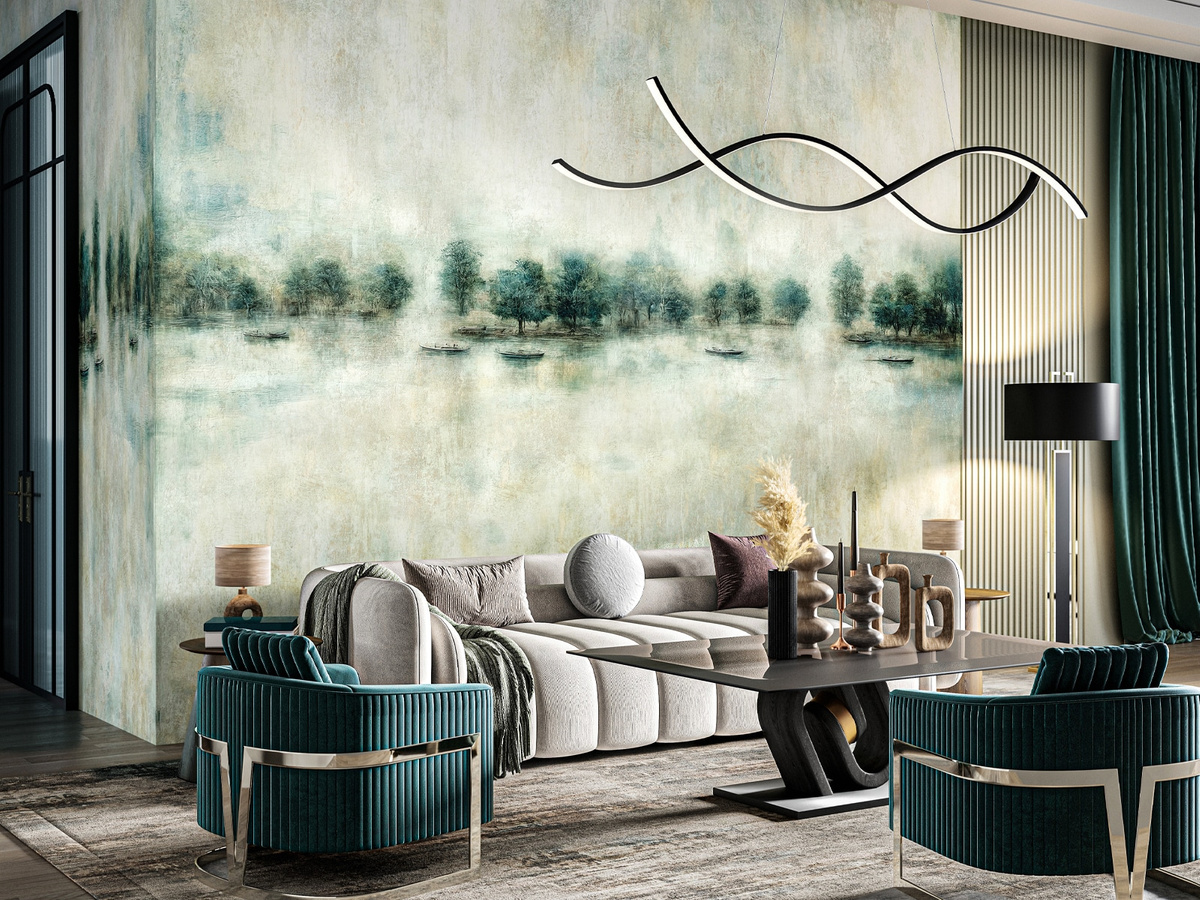 Tapeta mglisty las nad jeziorem Amante WallCraft 910312401 – aranżacja w salonie
