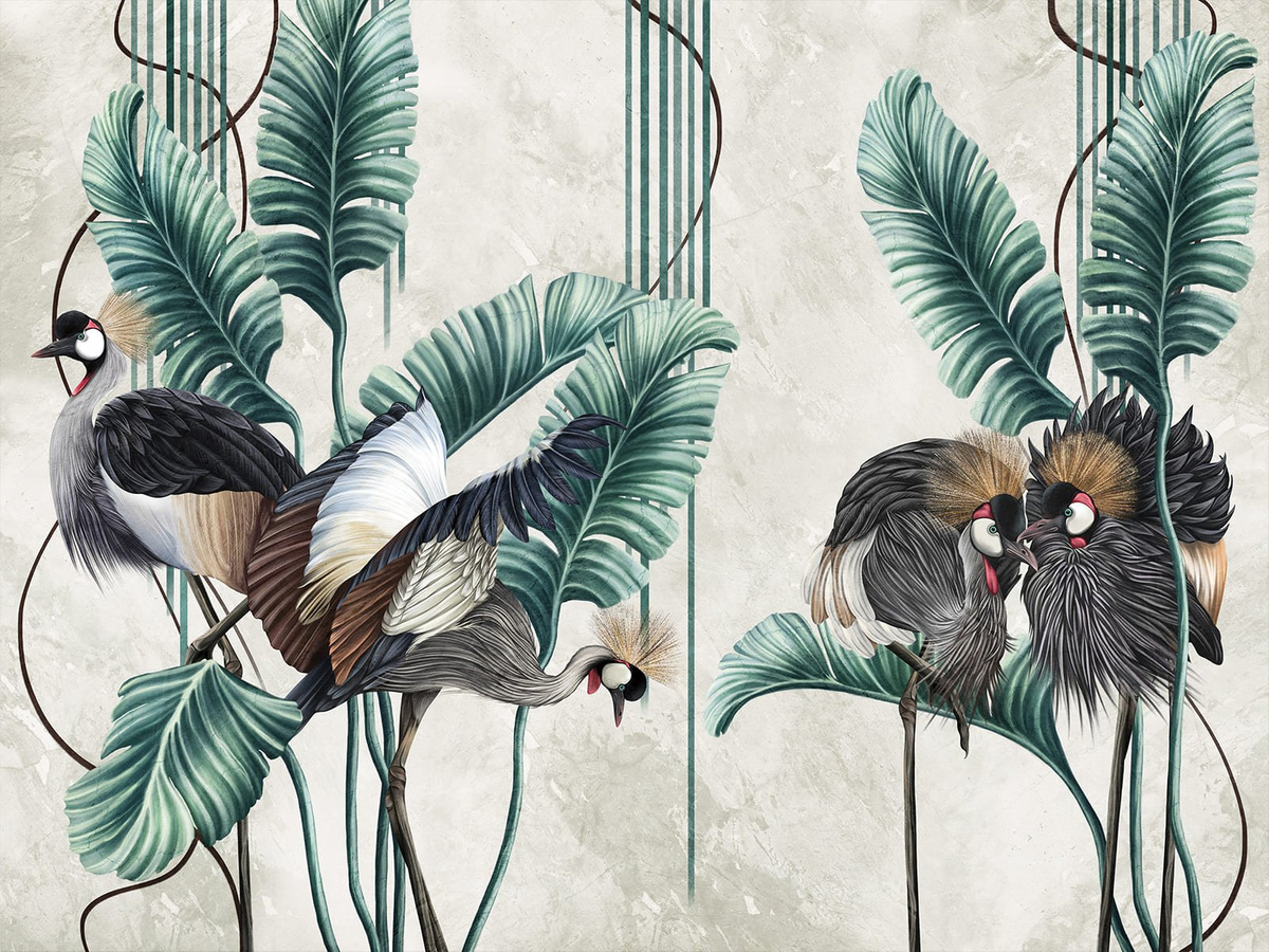 Tapeta egzotyczne liście i ptaki Renet WallCraft 785322301 wizualizacja na ścianie
