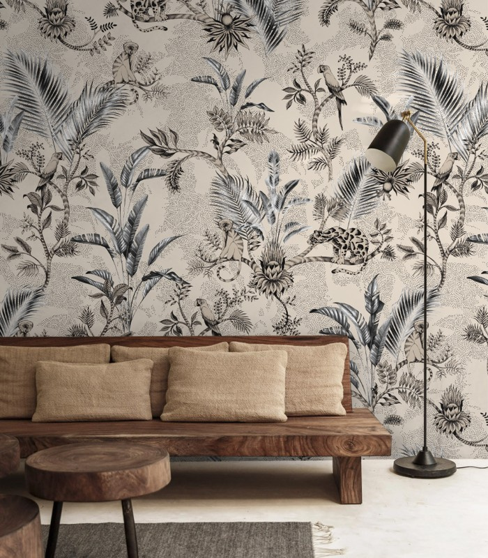 Tapeta Jungle Team Beige w aranżacji salonu – Wallcolors