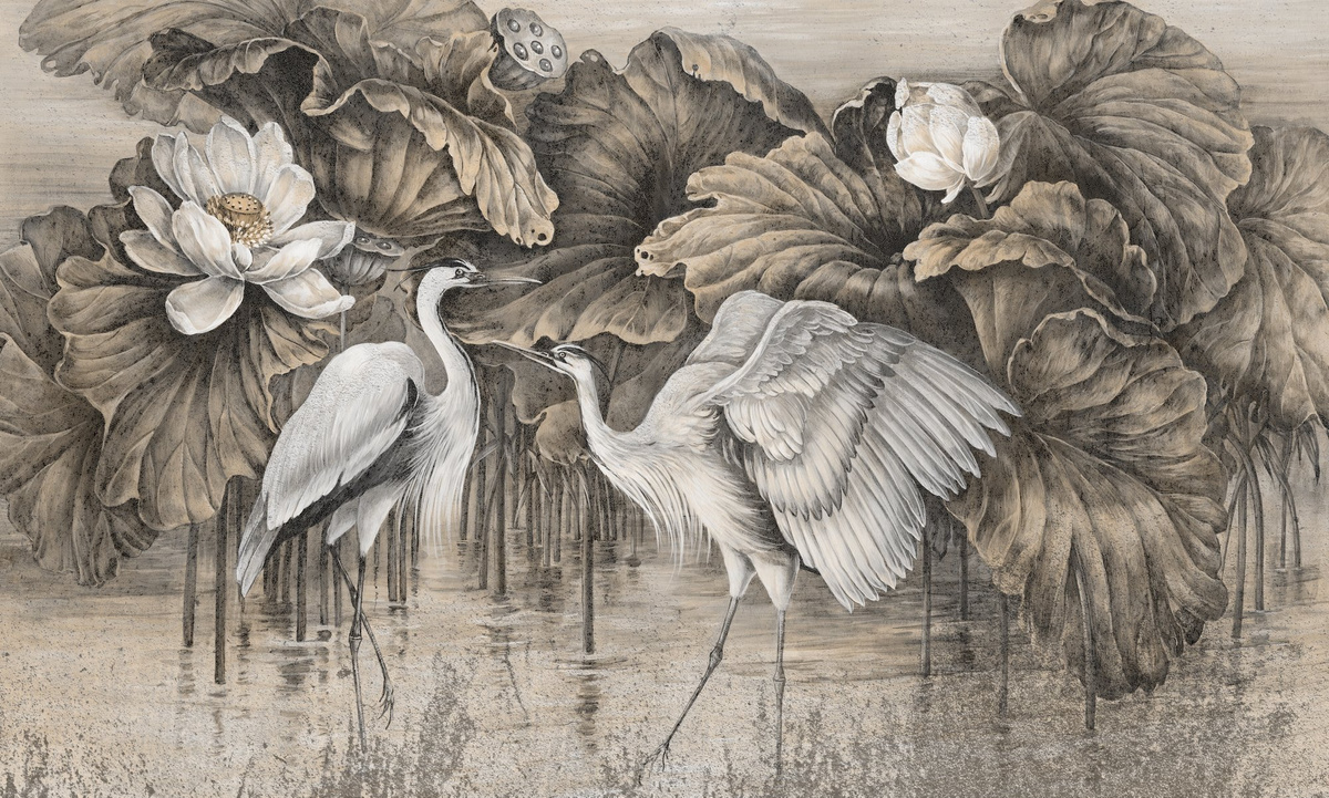 Tapeta na wymiar RAUV Tapeta w czaple i kwiat lotosu 2 do salonu na podkładzie premium