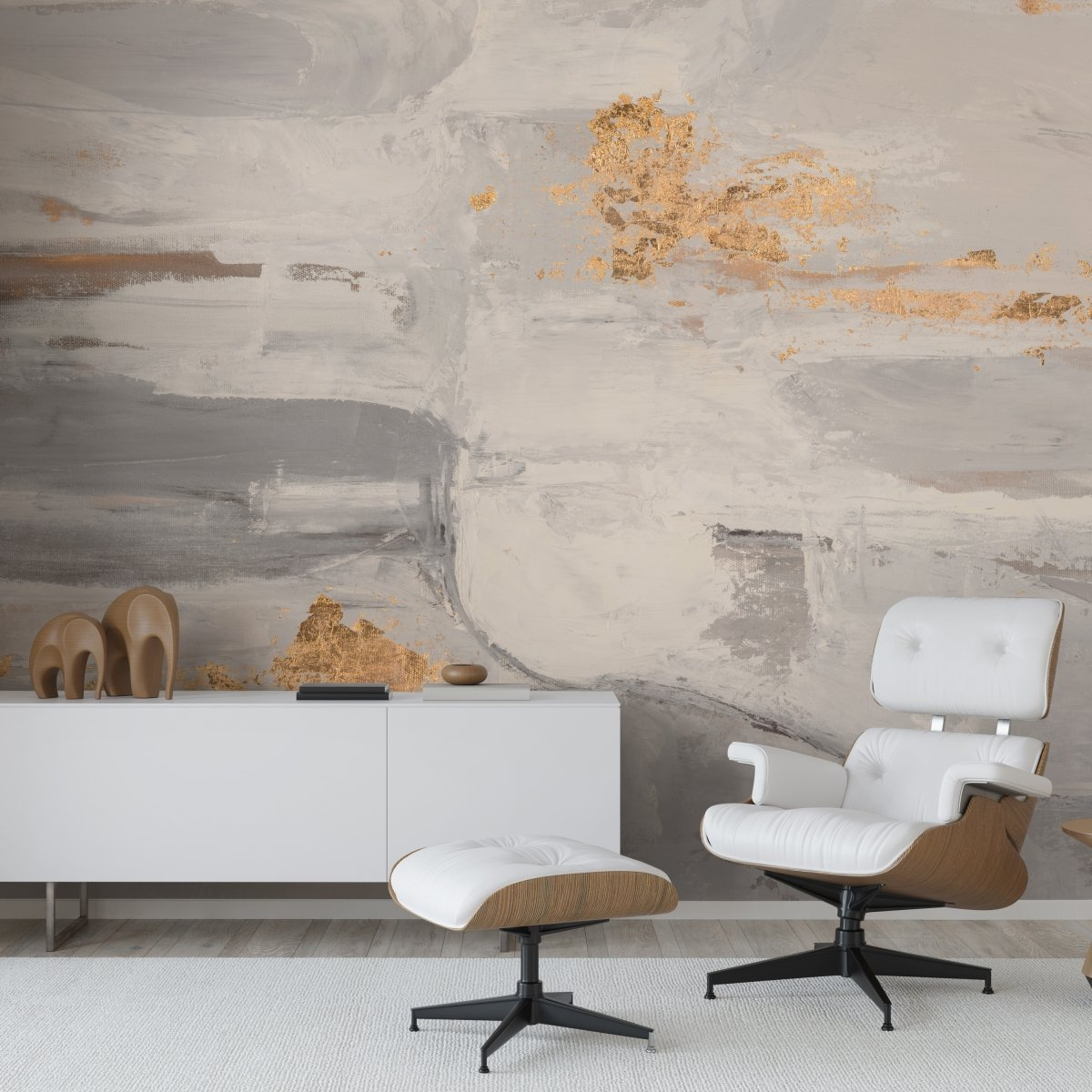 tapeta na wymiar WallArt do salonu – motyw abstrakcyjny Fossil w szarościach i złocie