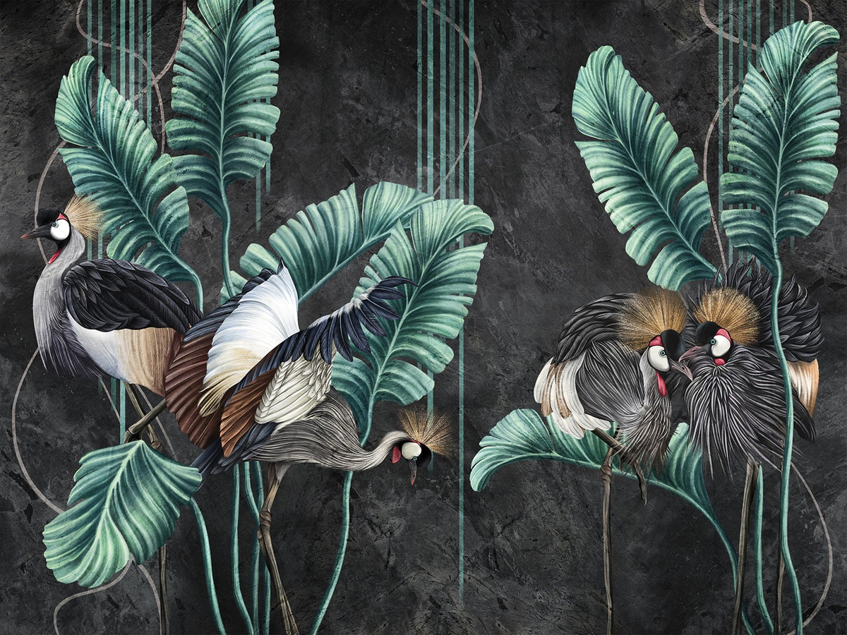 Tapeta egzotyczne liście i ptaki Renet WallCraft 785312301 – zbliżenie wzoru z ptakami i liśćmi