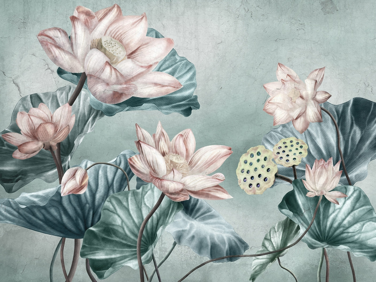 Zbliżenie wzoru fototapety WallCraft SABBI 660 31 2202 z motywem kwiatów i liści