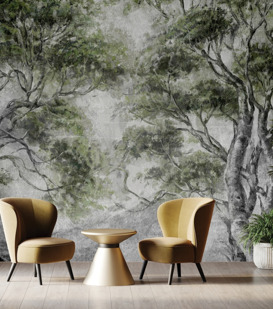tapeta RAUV Tapeta w drzewa zielono-szara w eleganckim salonie na podkładzie strukturalnym