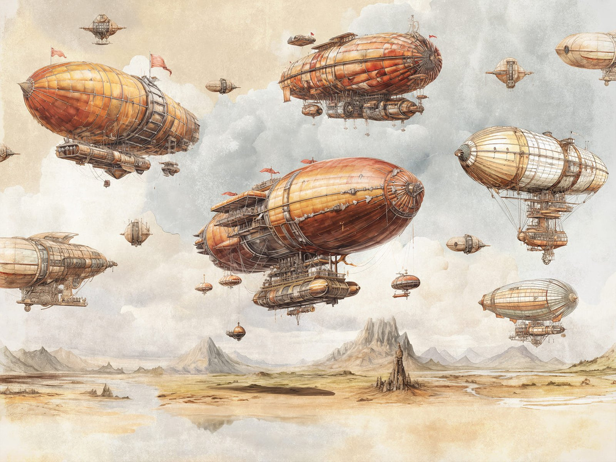 Tapeta na wymiar sterowce Rames WallCraft – zbliżenie na ilustrację sterowców w stylistyce steampunk