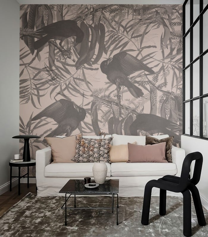Tapeta Crows Beige Wallcolors na ścianie w eleganckim salonie